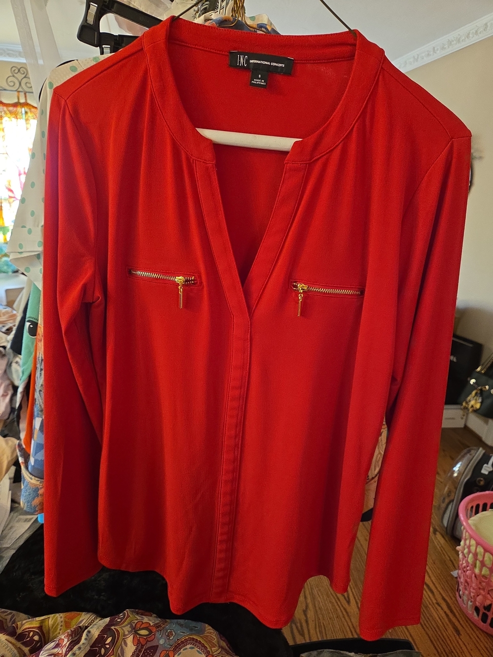 INC International Concepts Red Long-Sleeve V-Neck Blouse with Gold Zippers
